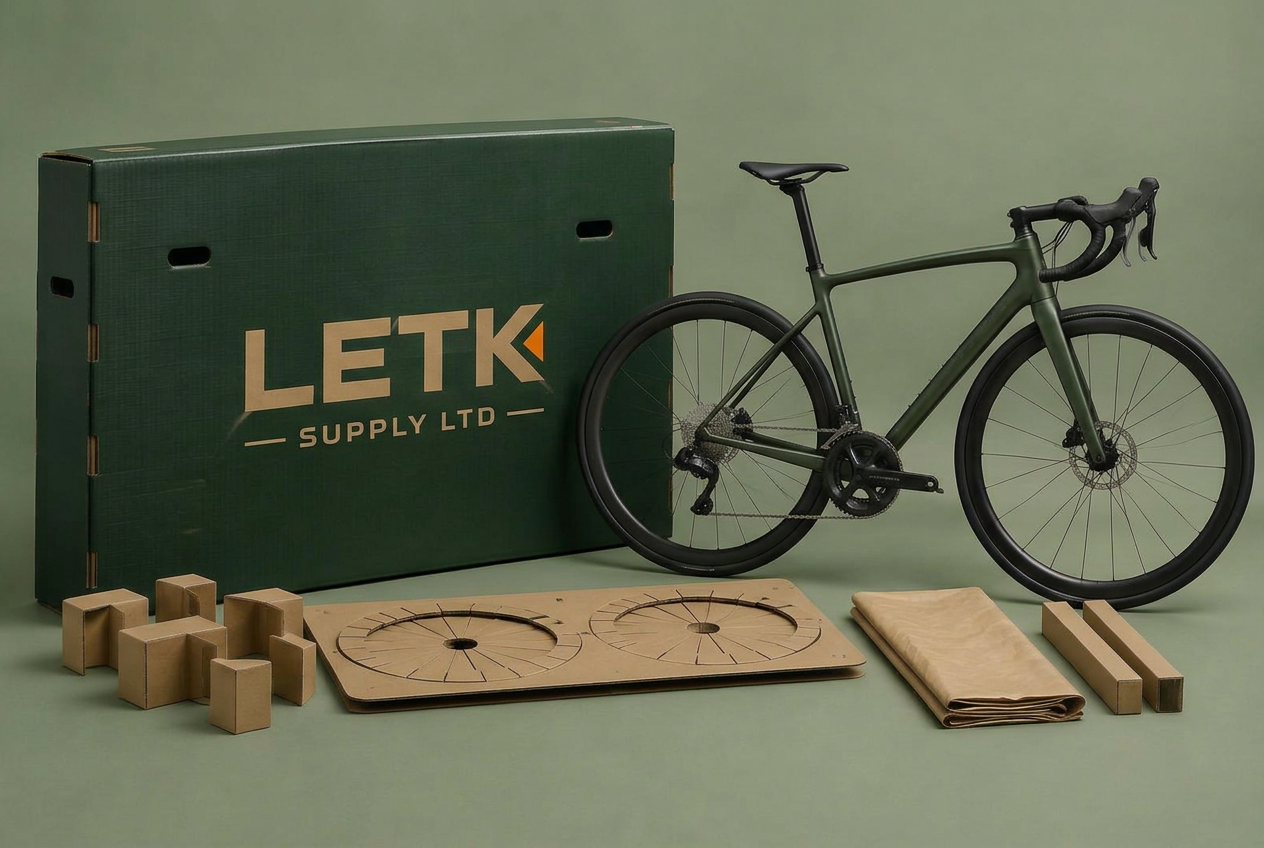 LETK Supply branded bike shipping box with protective inserts beside a road bike